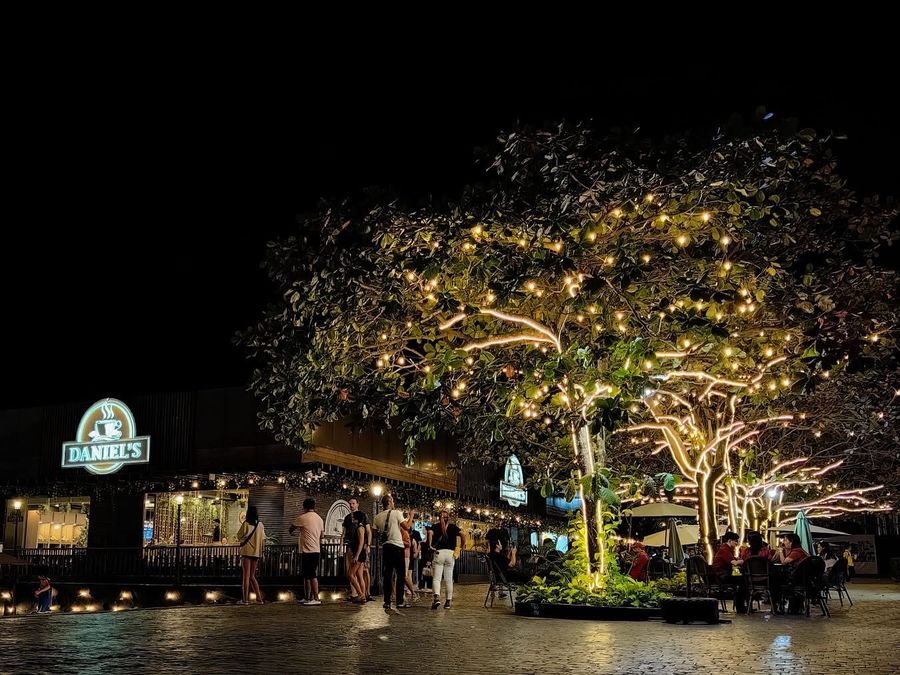 String-lit tree and the Daniel’s Coffee sign on the evening plaza